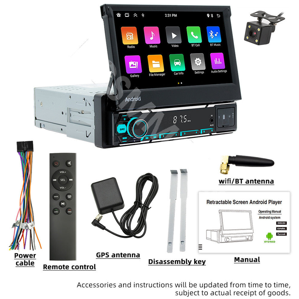 7in Single Din Android 13 Retractable Car Stereo Radio GPS WIFI For Carplay