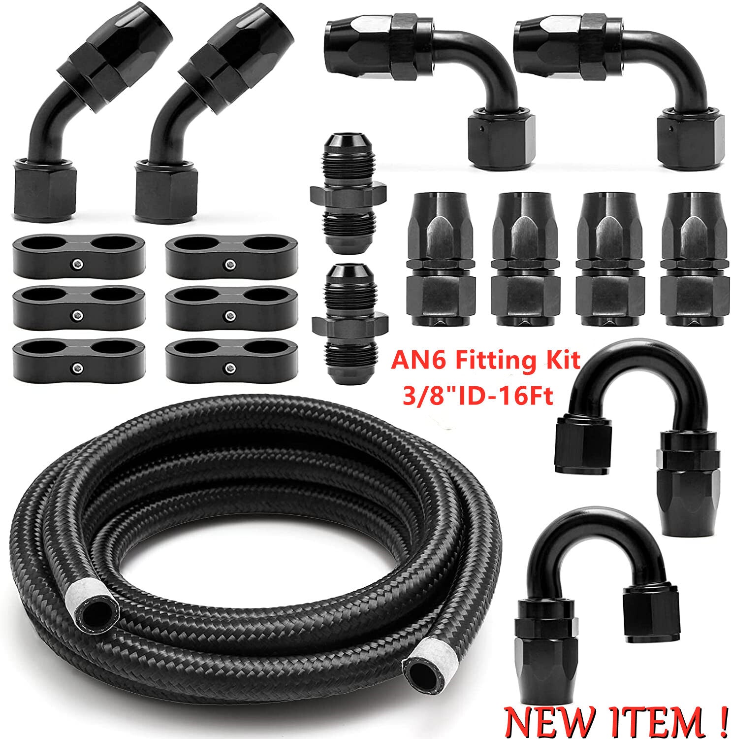 6AN 3/8 inch ID Hose Nylon Braided Stainless Steel Fuel Line Fitting 16 ft