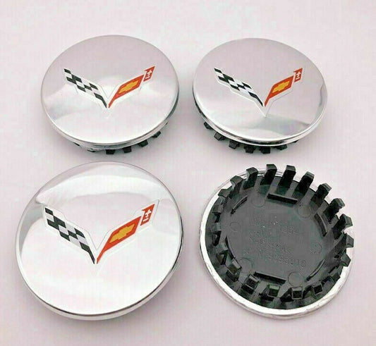Wheel center caps for Chevrolet for Corvette C6 C7 4x68 mm rim caps, hubcaps, and chrome-plated badges.