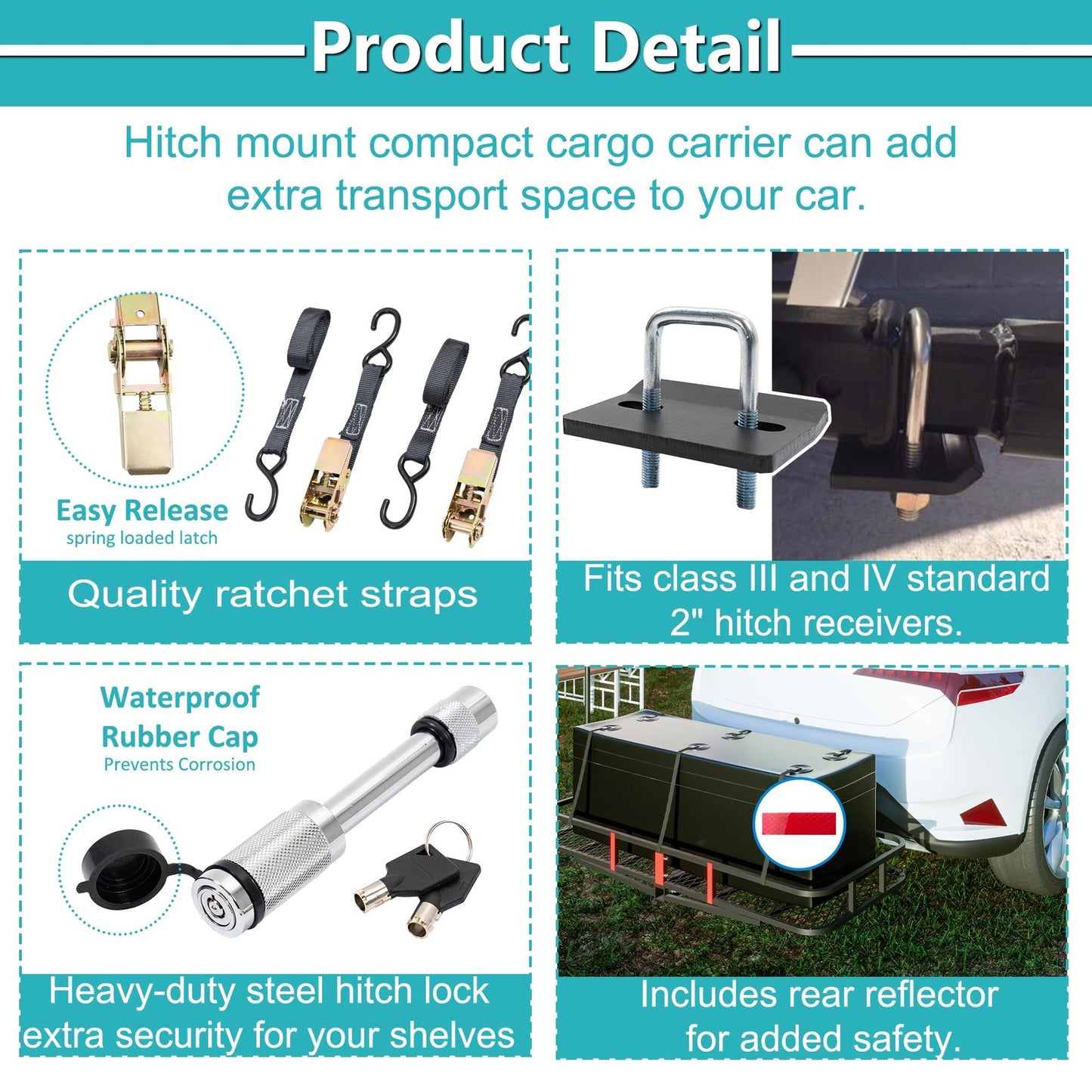 Durable trailer with hanging rack, folding cargo basket, and cargo netting