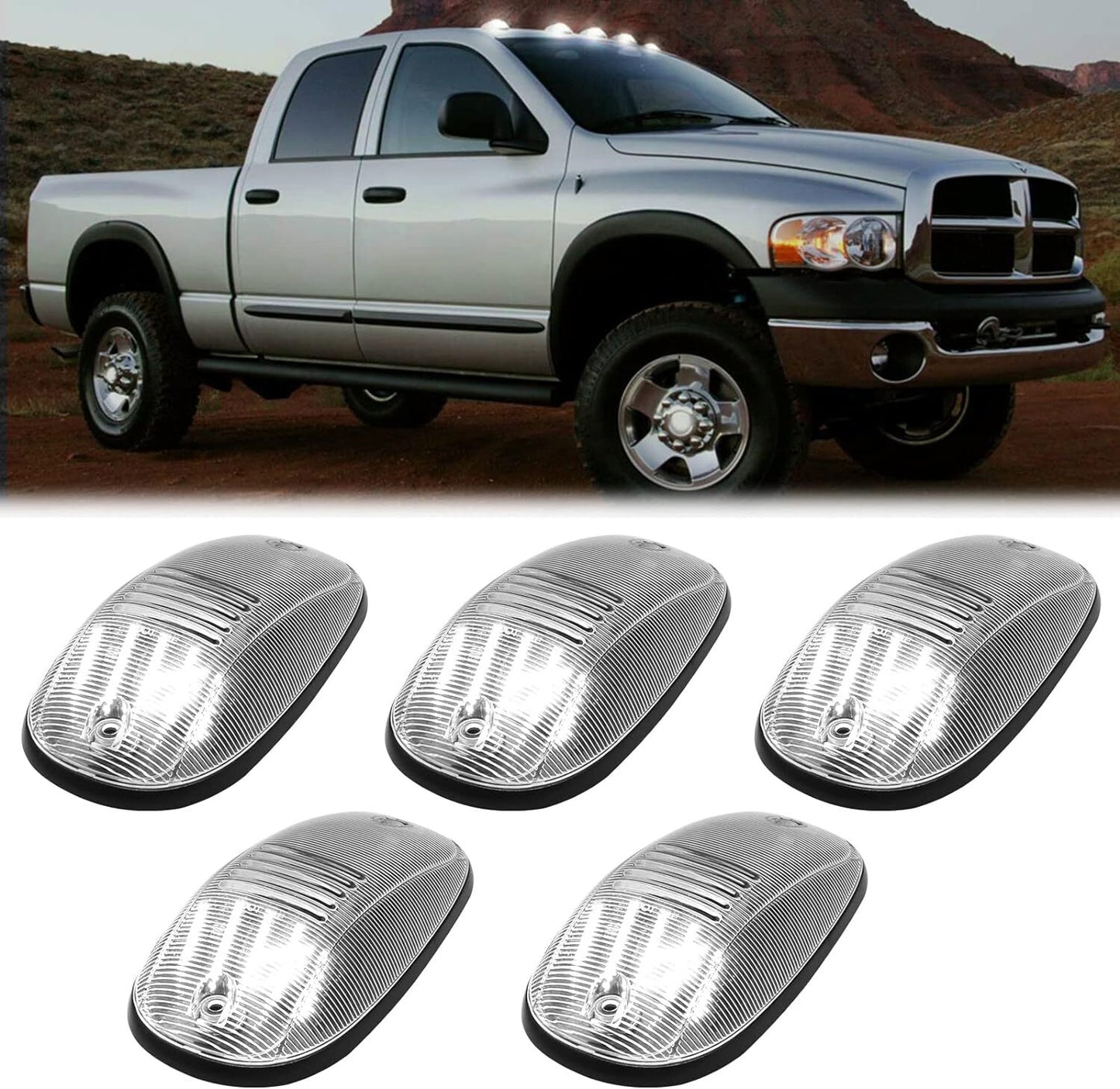 5-piece white LED cab roof marker lights for 2003-2018 for Dodge for Ram 1500 2500 3500 trucks.
