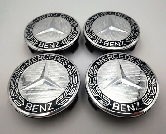 4 sets of 75mm wheel center caps and hubcaps for Mercedes-Benz AMG black rims.