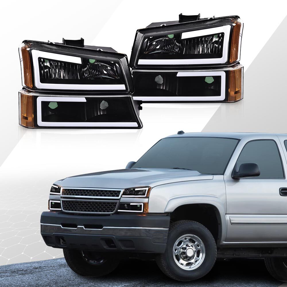 Fits 2003-07 Silverado AVALANCHE LED DRL Transparent Amber Headlights
