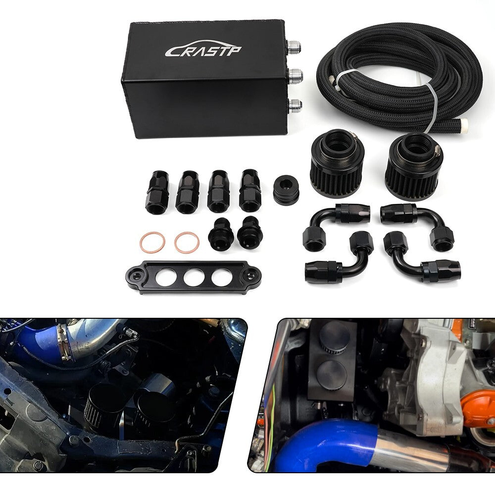 10AN Oil Catch Can Reservoir Tank 4 Port Dual Breather Filter Baffled Kit Black