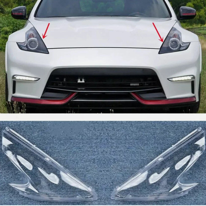 A set of headlight lens caps + glue suitable for Nissan 370Z 2009-2021, replacement for US models.