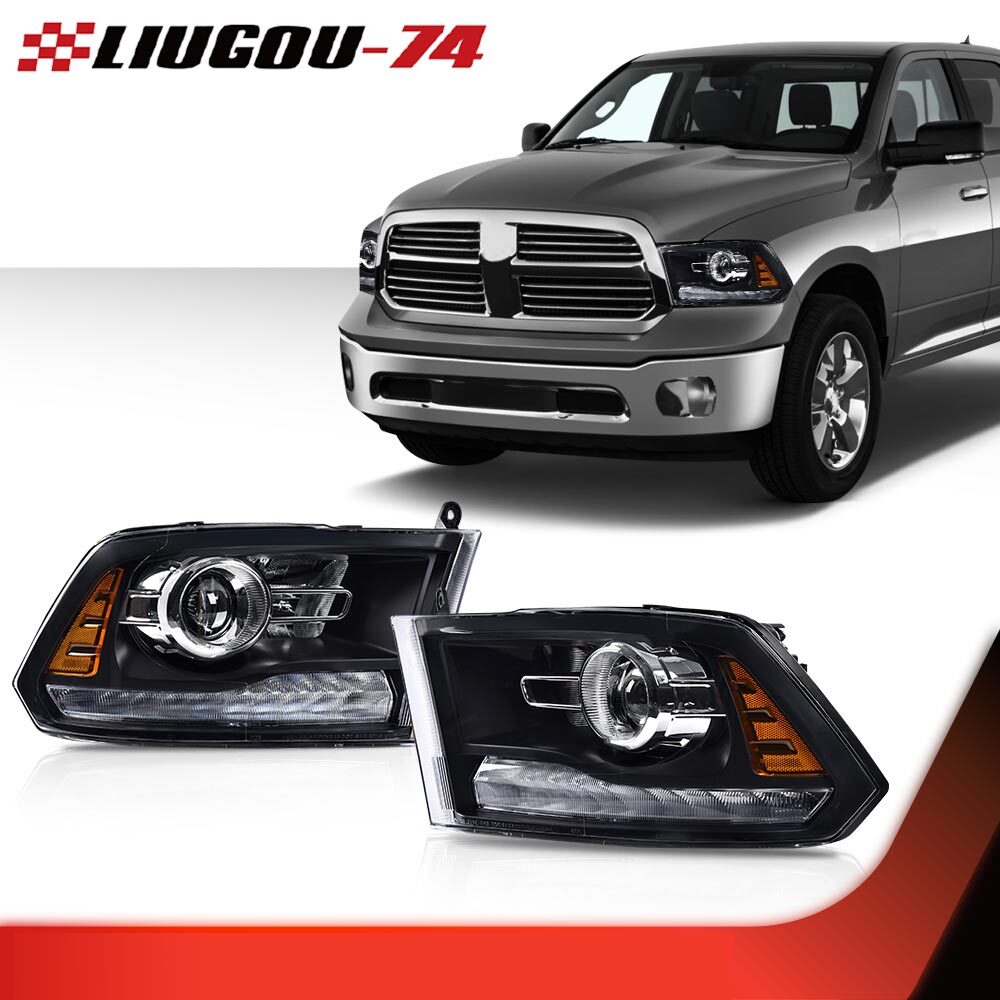 Suitable for 2013-18 for Dodge for Ram 1500 2500 3500 headlights with black projector and LED DRL.