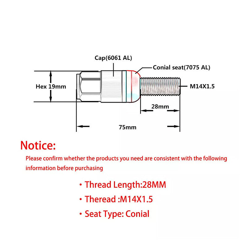 20PCS 28mm M14x1.5 Wheel Lug Bolt Cone for Seat Studs Set for Most Aftermarket