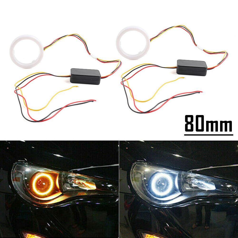 80MM White Amber Switchback LED Angel Eyes Halo Rings Car Headlight Retrofit