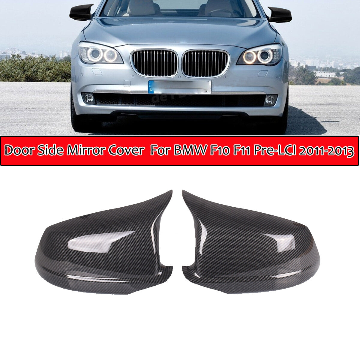 2-piece rearview mirror cover and door flap cover for BMW Pre-LCI 2011-2013, carbon fiber.