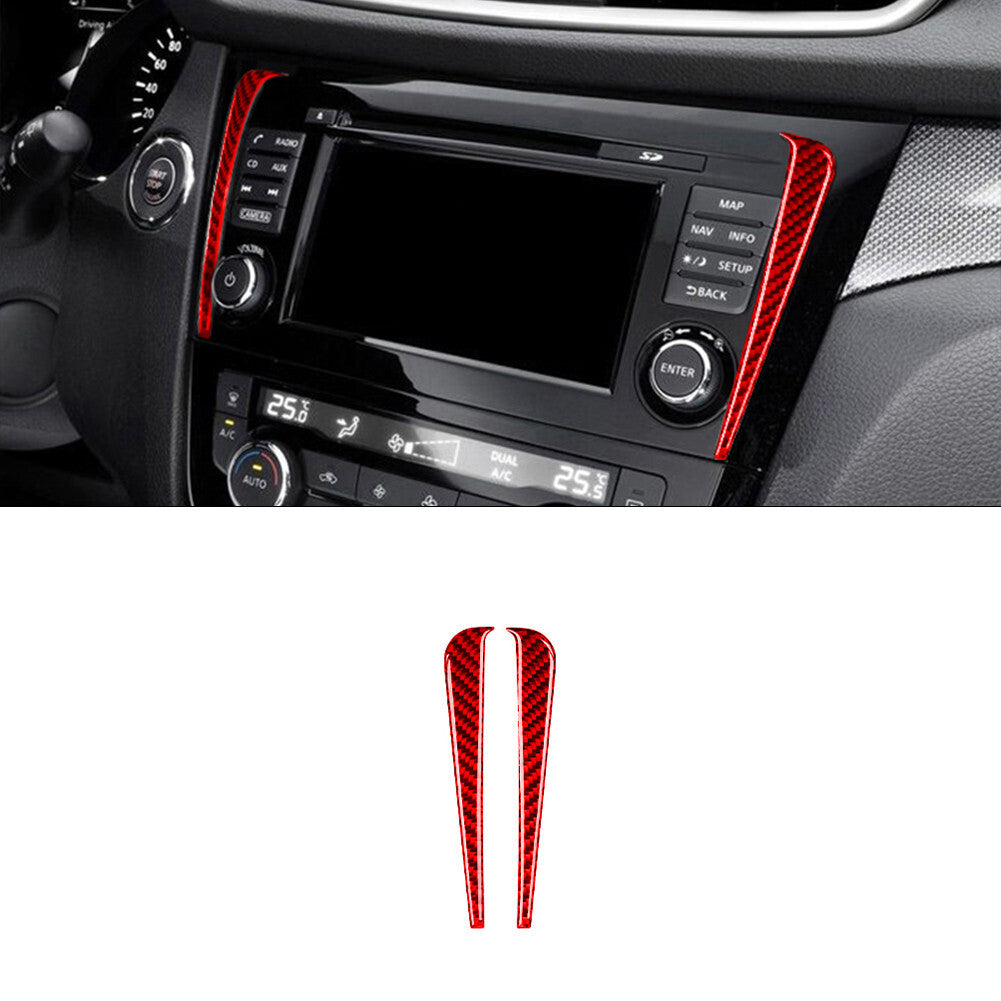 2X Red Carbon Fiber Navigation LCD Strips Trim Cover for Nissan Rogue 2014-2016