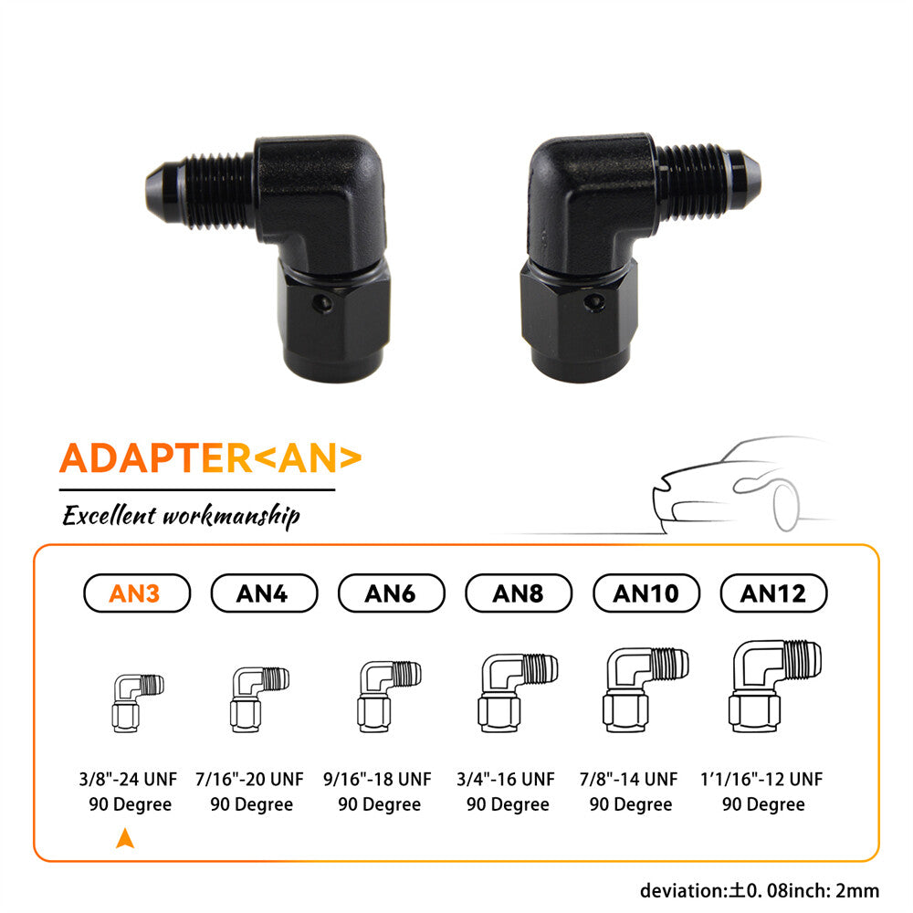 2PCS AN3 Female to 3AN Male 90 Degree Flare Swivel Hose Fitting Adapter Black