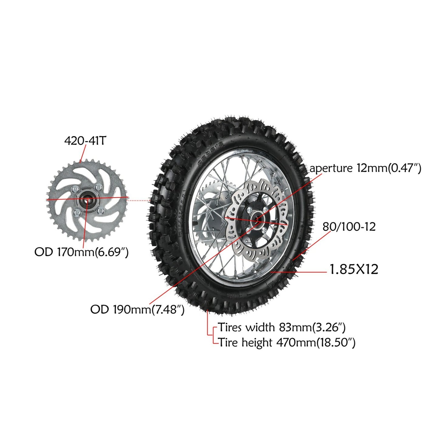 12-inch rear wheel, 3.00-12 tire, rim 80/100-12, Apollo SSR CRF bicycle, 70/110/125cc.