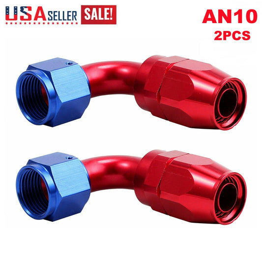 Red and blue AN10 90-degree swivel hose end adapter for fuel CPE hoses US
