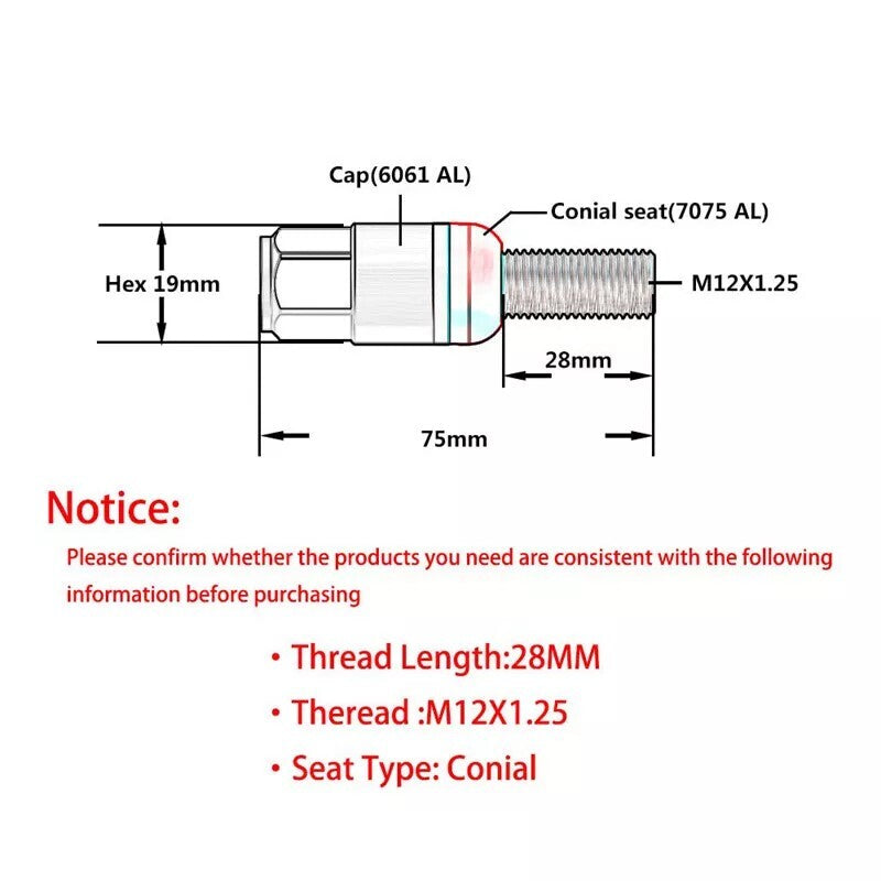 20P 28mm M12x1.25 Wheel Lug Bolt Cone for Seat Studs for Jeep for Chrysler for Dodge Orange