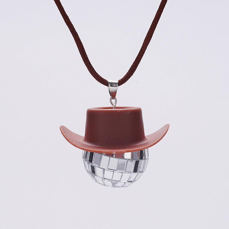 Cowboy Hat Disco Ball Car Ornamen Rearview Mirror Hanging Acessory Rope Brown