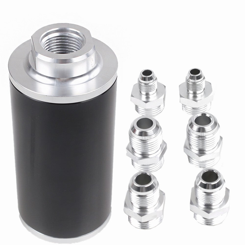 Black Inline Fuel Filter High Flow 100 Micron Cleanable 6AN/8AN/10AN-Adapter