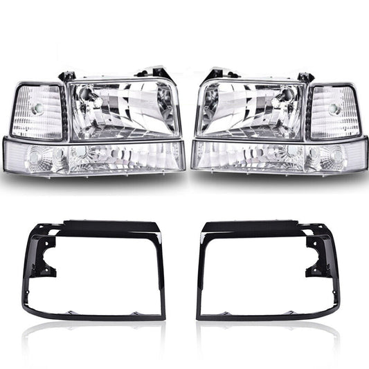 Chrome/clear headlights + black headlight door panels suitable for 92-96 F150/F250/F350
