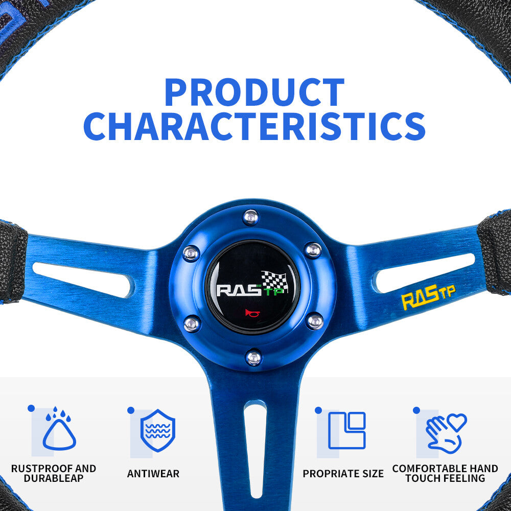 Racing Car 14 Deep Dish Drifting Steering Wheel Blue Quick Release Adapter