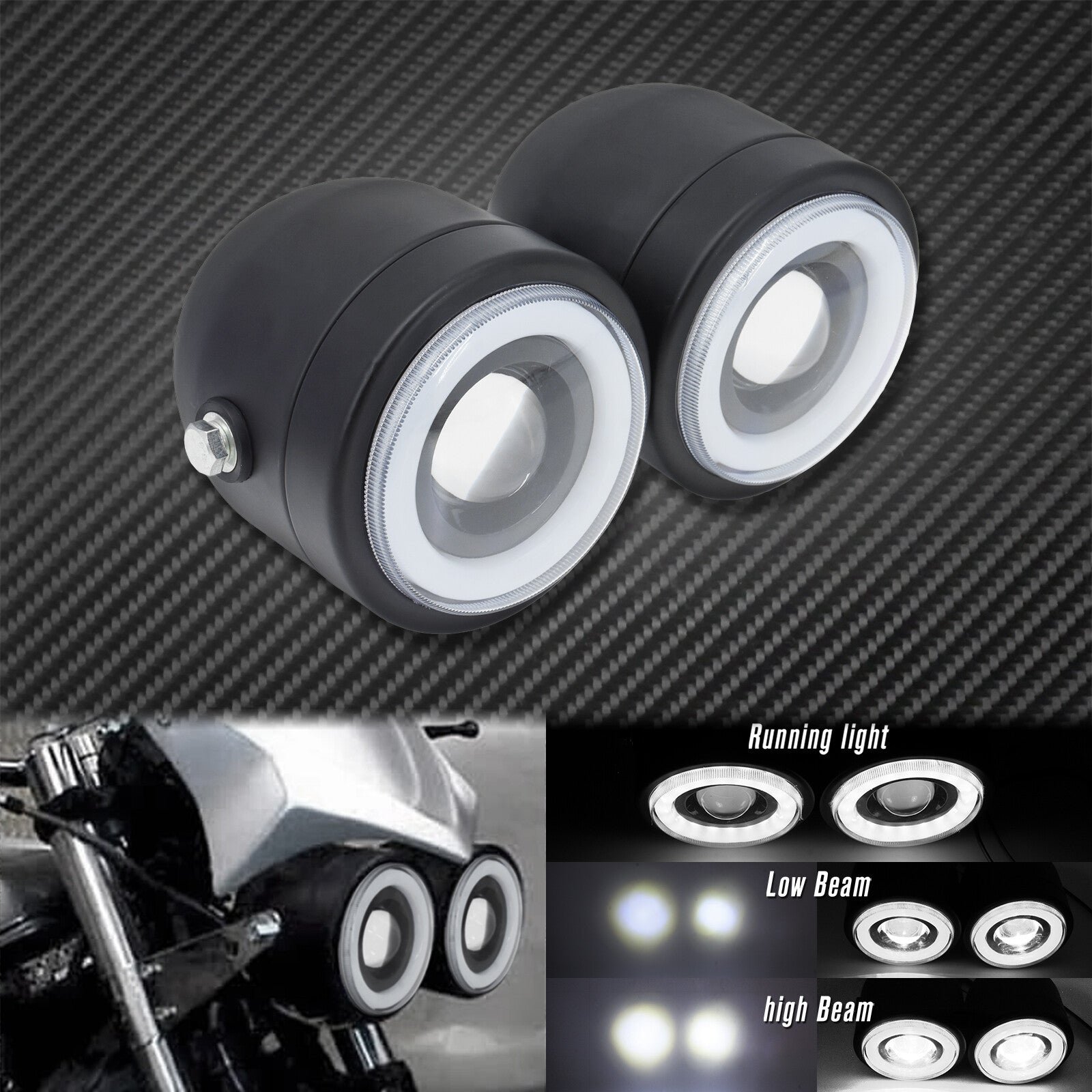Universal Twin Headlight Motorcycle Double Dual Lamp White DRL Low High Beam