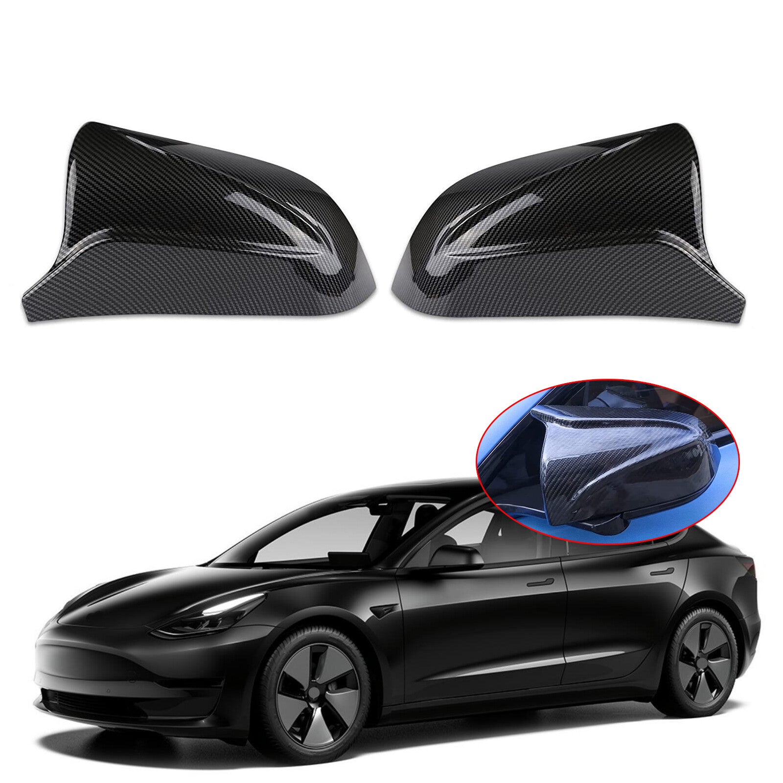 2pcs Rearview Wing Door Mirror Cover Cap Carbon Fiber for Tesla Model 3 17-20