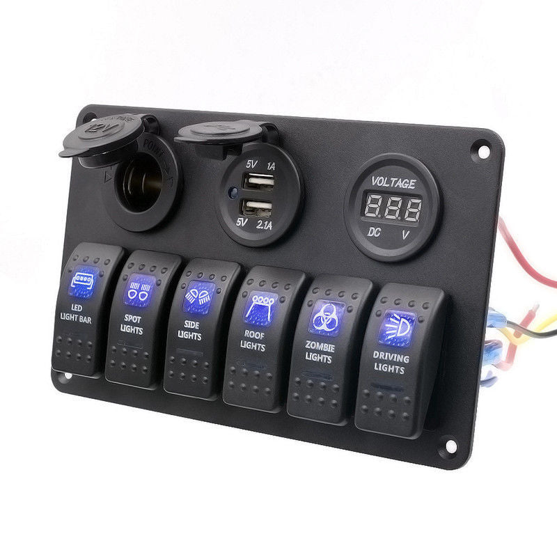 12V Car 6Gang Rocker Button Panel with Digital Voltmeter USB Charger Adapter LED