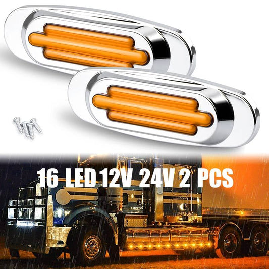 2x 16-LED Yellow Truck Trailer Side Marker Turn Signal Tail Light Chrome 12V 24V