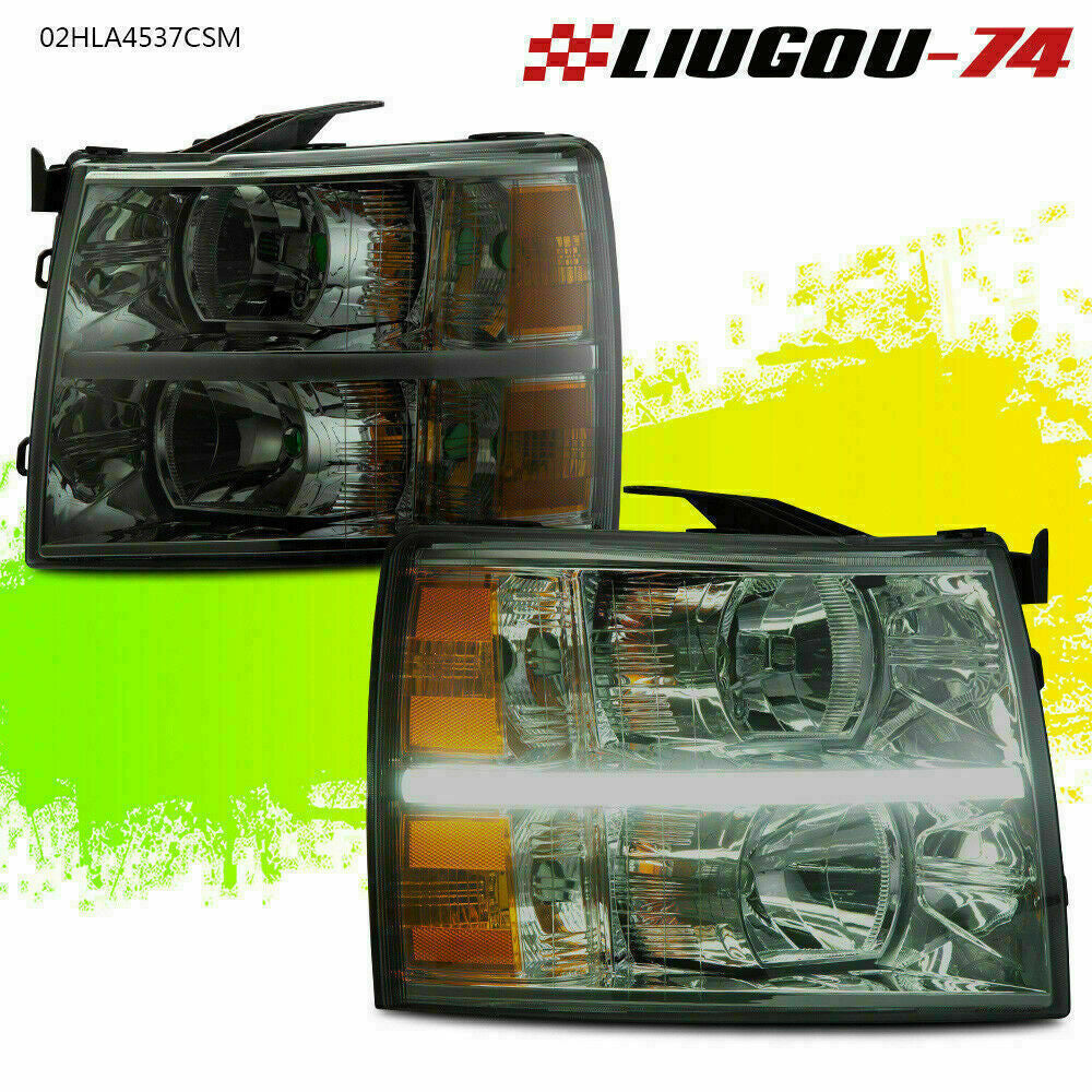 Fit For 07-14 Silverado Chrome/Smoke LED Strip DRL Signal Headlight Light Lamp