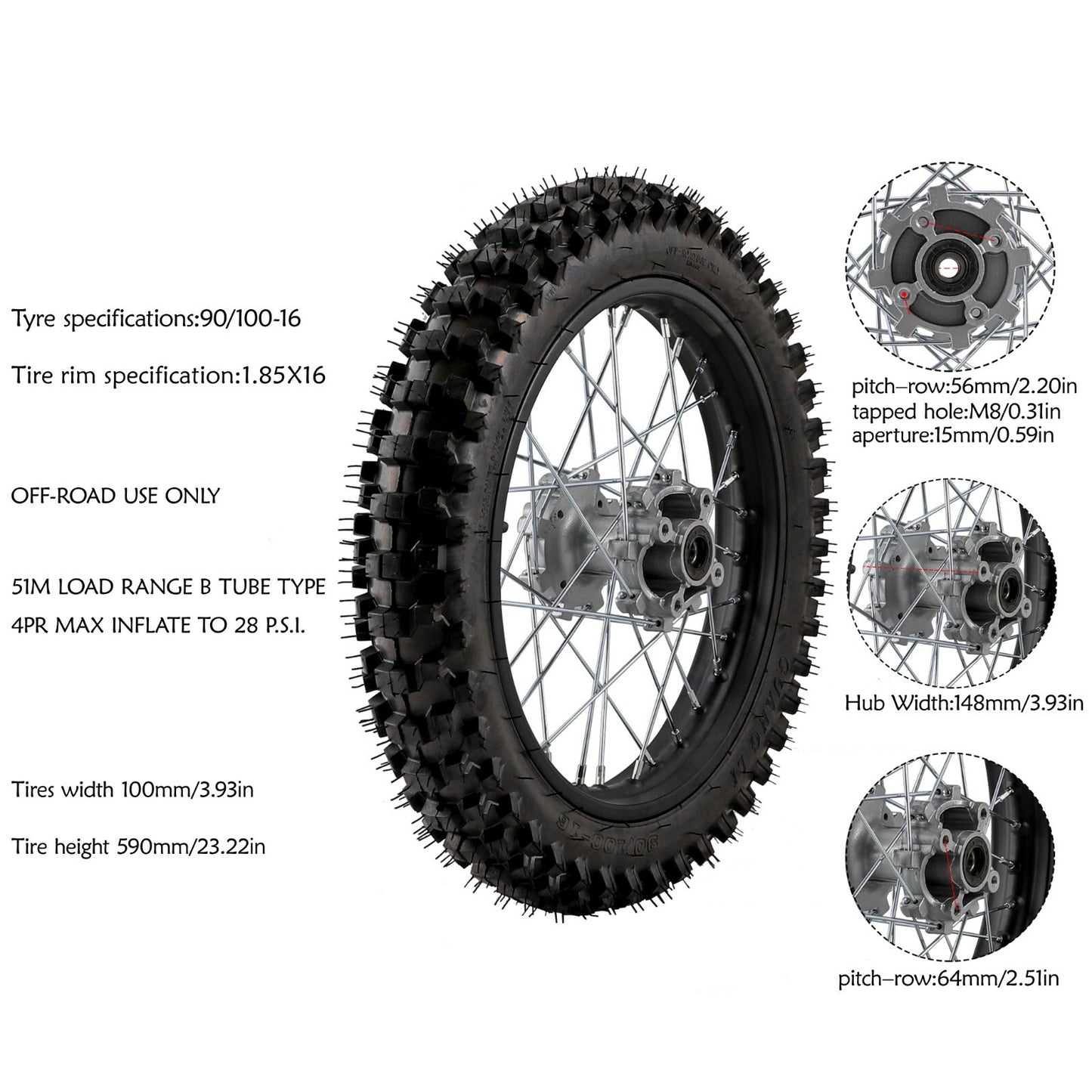 16-inch rear wheel, 90/100-16 tire, rim assembly, disc sprocket for Pit Dirt bicycles CRF