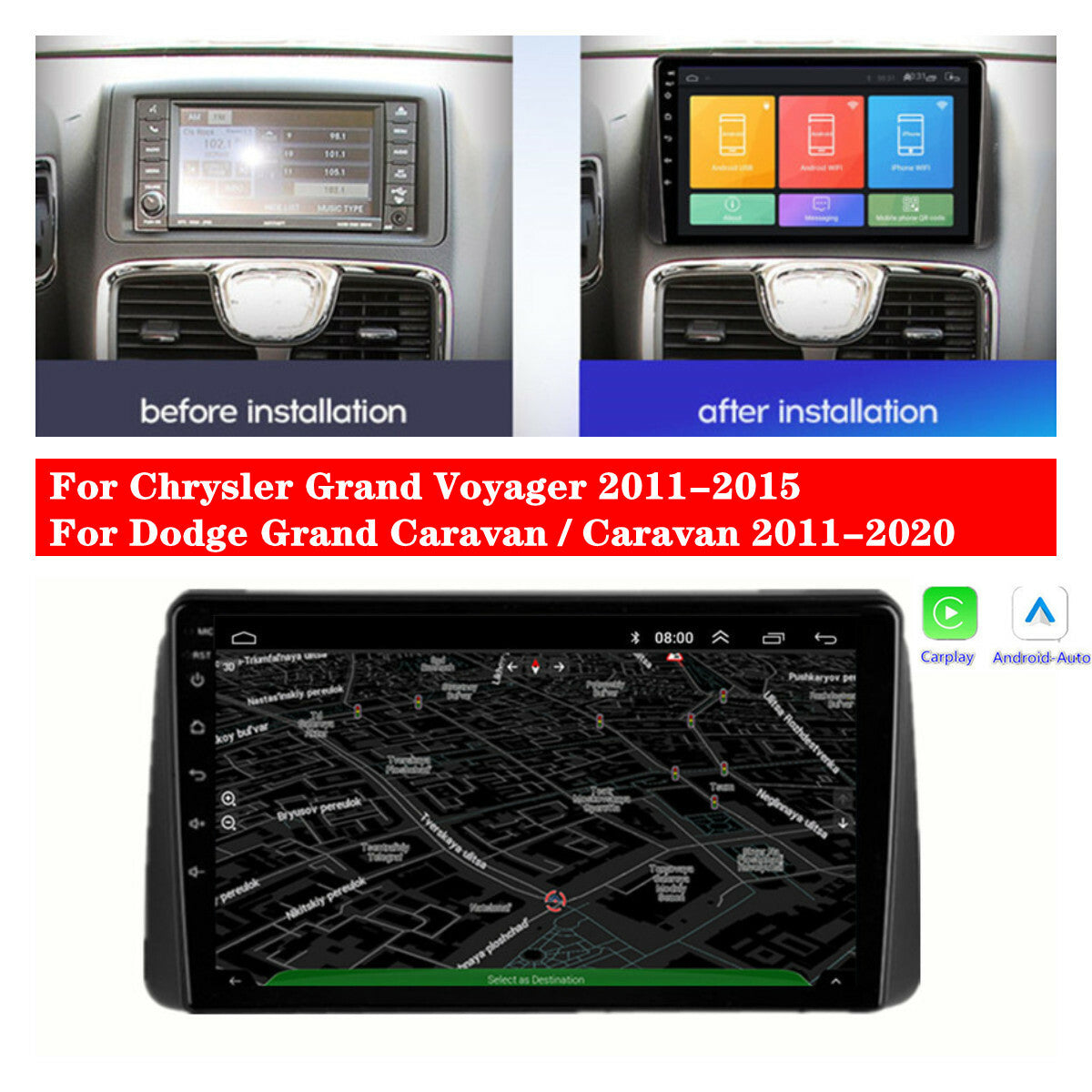 Android 10.1 Stereo Radio GPS Navigation w/Carplay for Dodge Grand Caravan 11-20