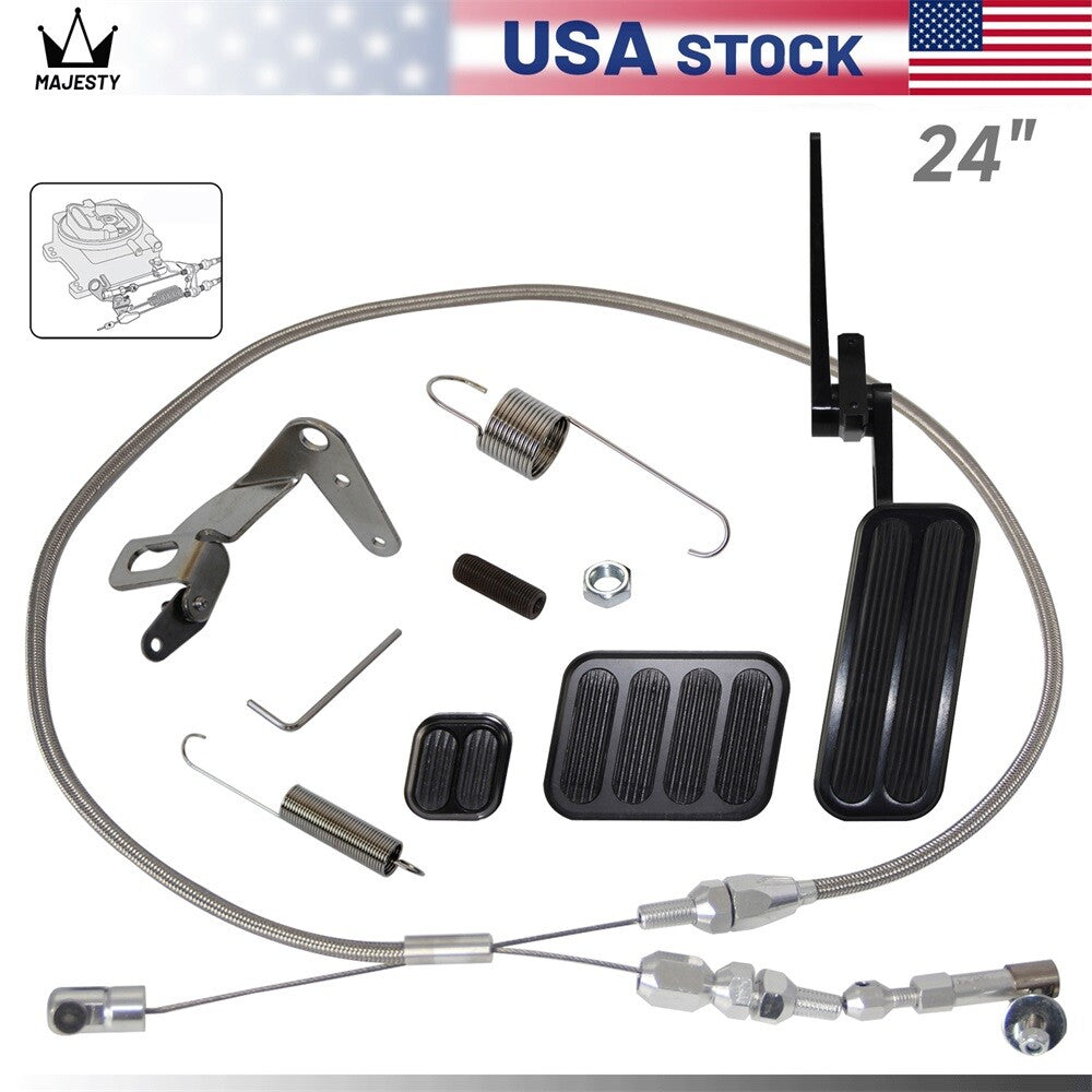 Aluminum Gas Pedal w/Brake+Clutch Pad  24 SS Throttle Cable Bracket Spring Kit
