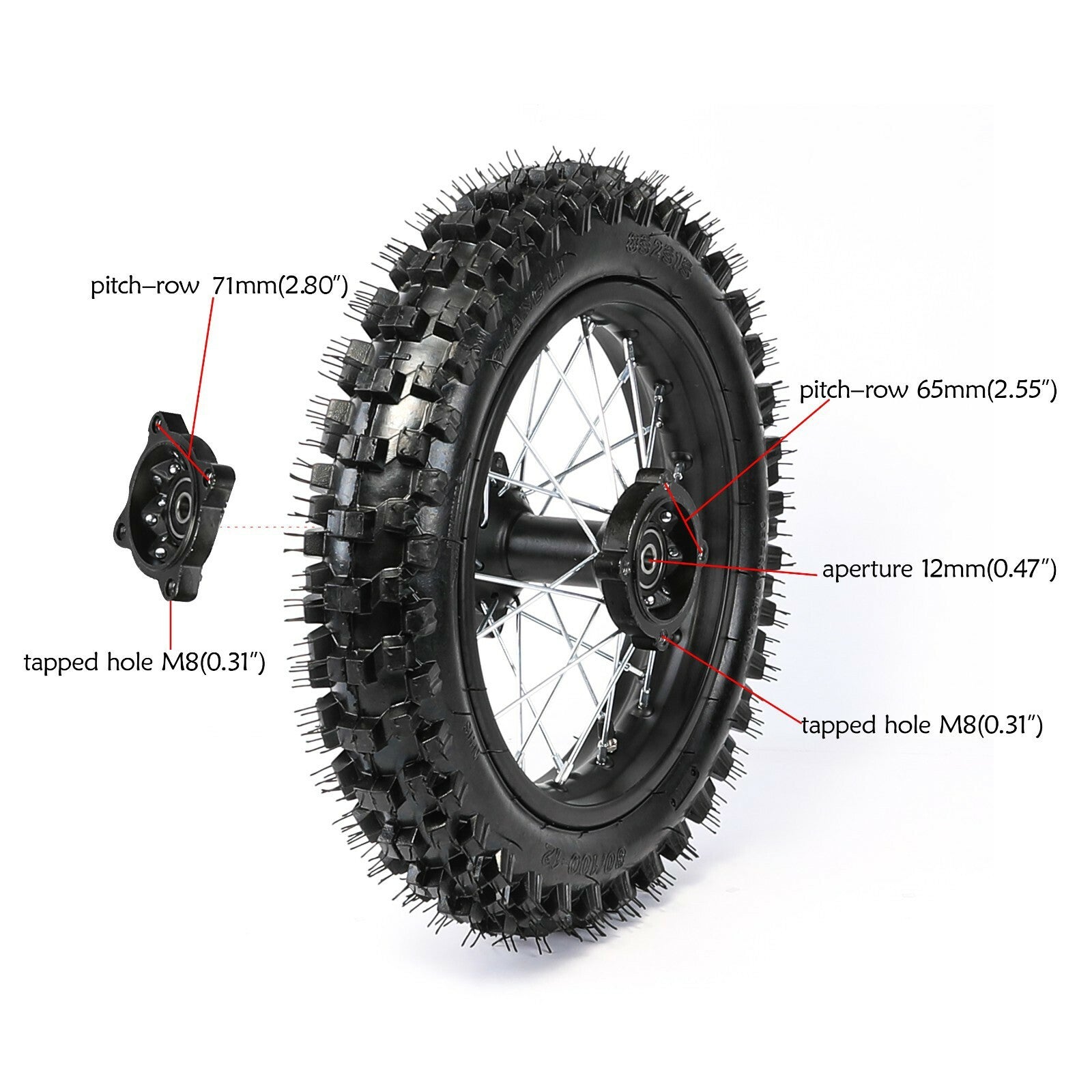 12-inch rear wheel, 80/100-12 tire, 3.00-12 rim, rotor sprocket suitable for pit bike SSR 125CC