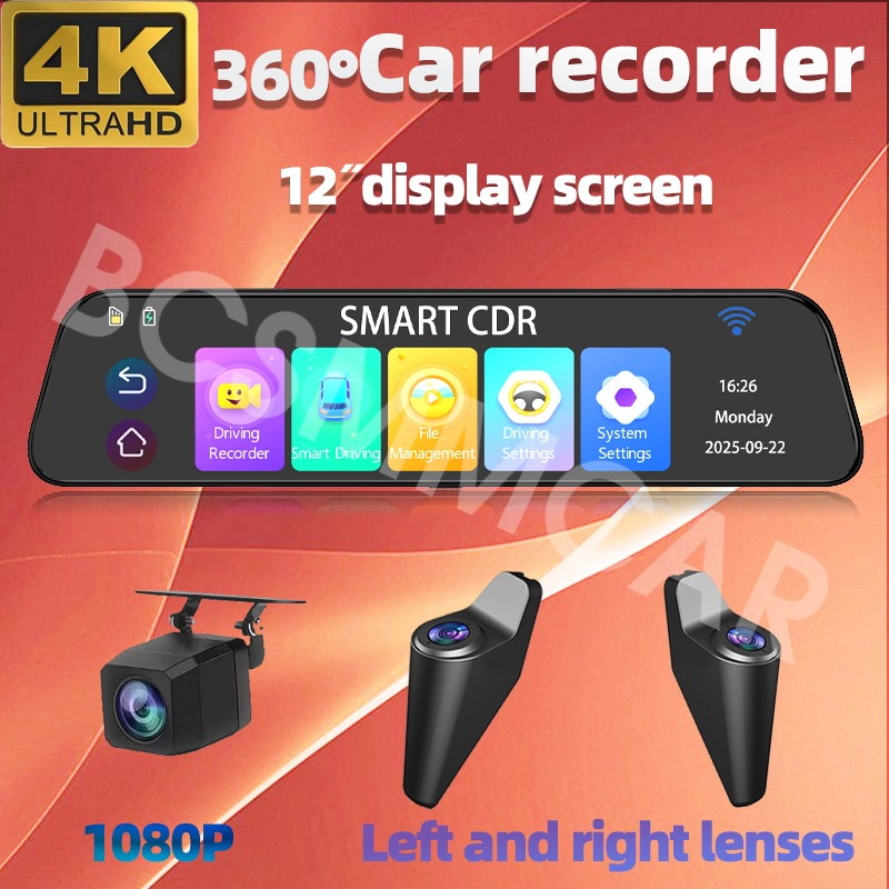 12in Car Rearview Mirror Video Recorder 4 Channel Dash Cam G-Sensor Night Vision