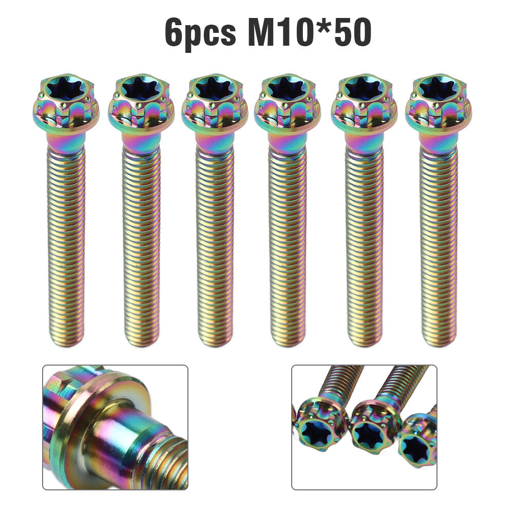6pcs Bolts Torx Head Flange Screws M10x50mm Rainbow For Motorcycle Bike