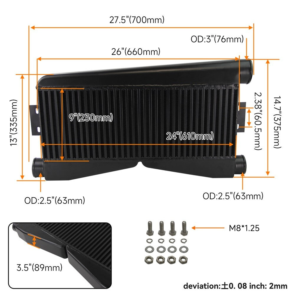 Universal Twin Turbo Intercooler 24x9x3.5 Bar Plate Custom (2 In/1 Out) BK