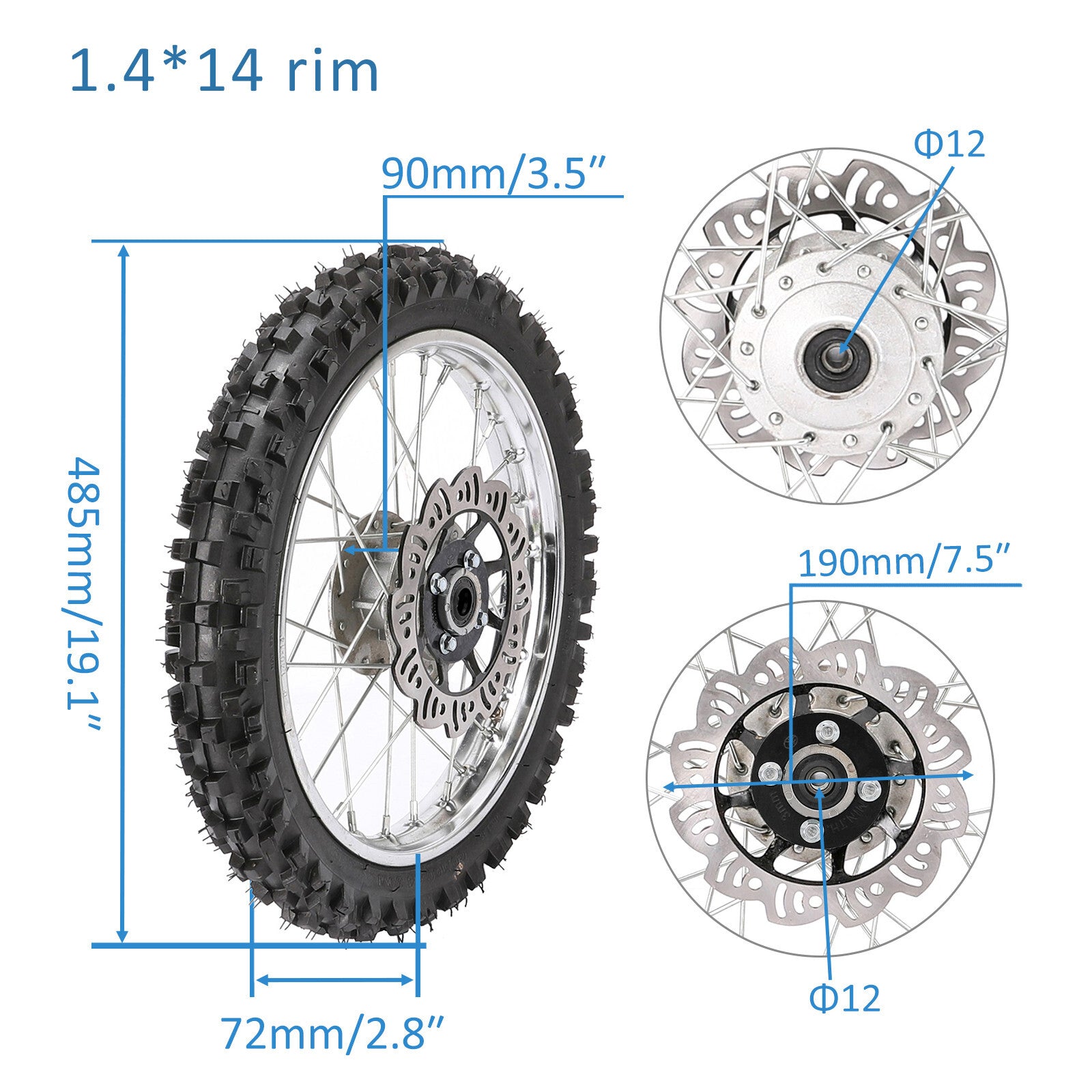 Front wheel 60/100-14, rim 2.50-14, Pit Dirt bicycle CRF50 SSR Apollo 110 125cc.