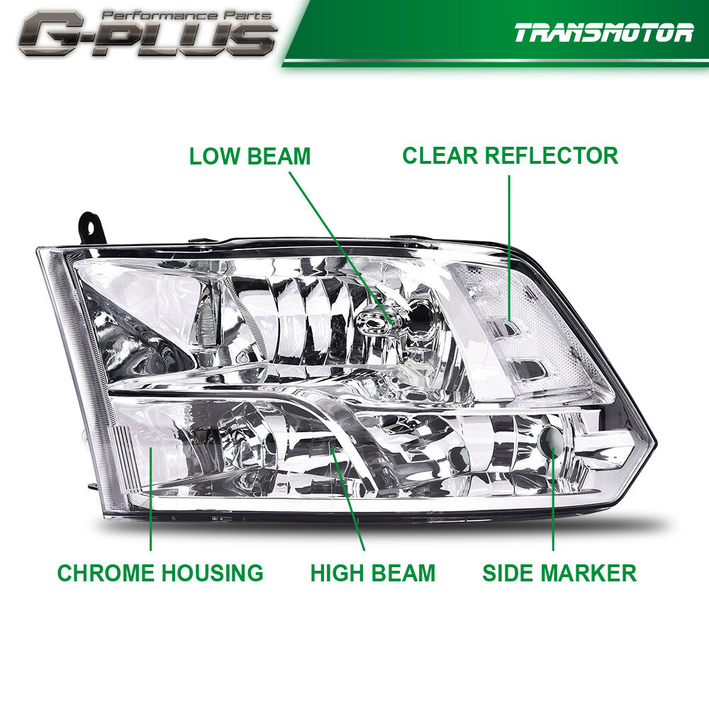 Fits 09-18 for Ram 1500 - 3500 chrome-encased transparent corner headlights.