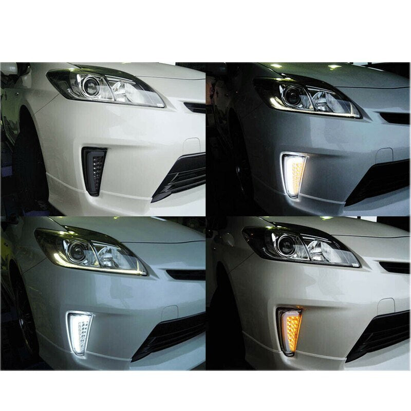 One pair of smoked LED DRL fog lights with turn signals suitable for Toyota Prius 30 series 2012-2014.