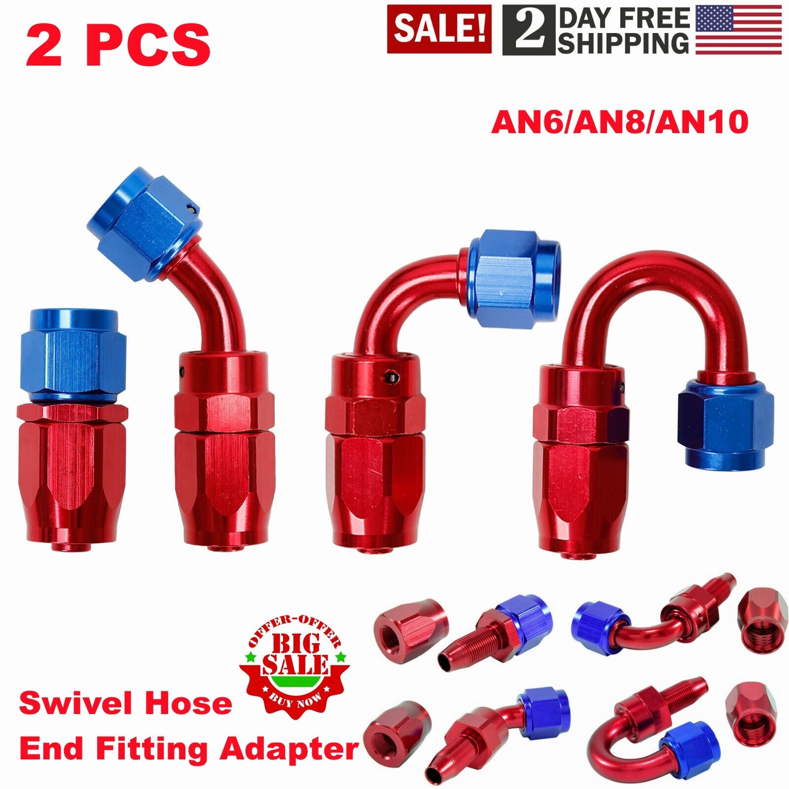 Red AN6/AN8/AN10 swivel hose end adapter for oil/fuel/gas fuel hose ends