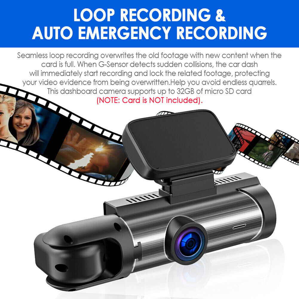 3.16in HD Car DVR Dual Lens Dash Cam Video Recorder G-Sensor Front Inside Camera