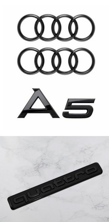 4 for Audi for A5 Badge Rings, Quattro Front Cover, Rear Boots, BBQ Badges, Gloss Black
