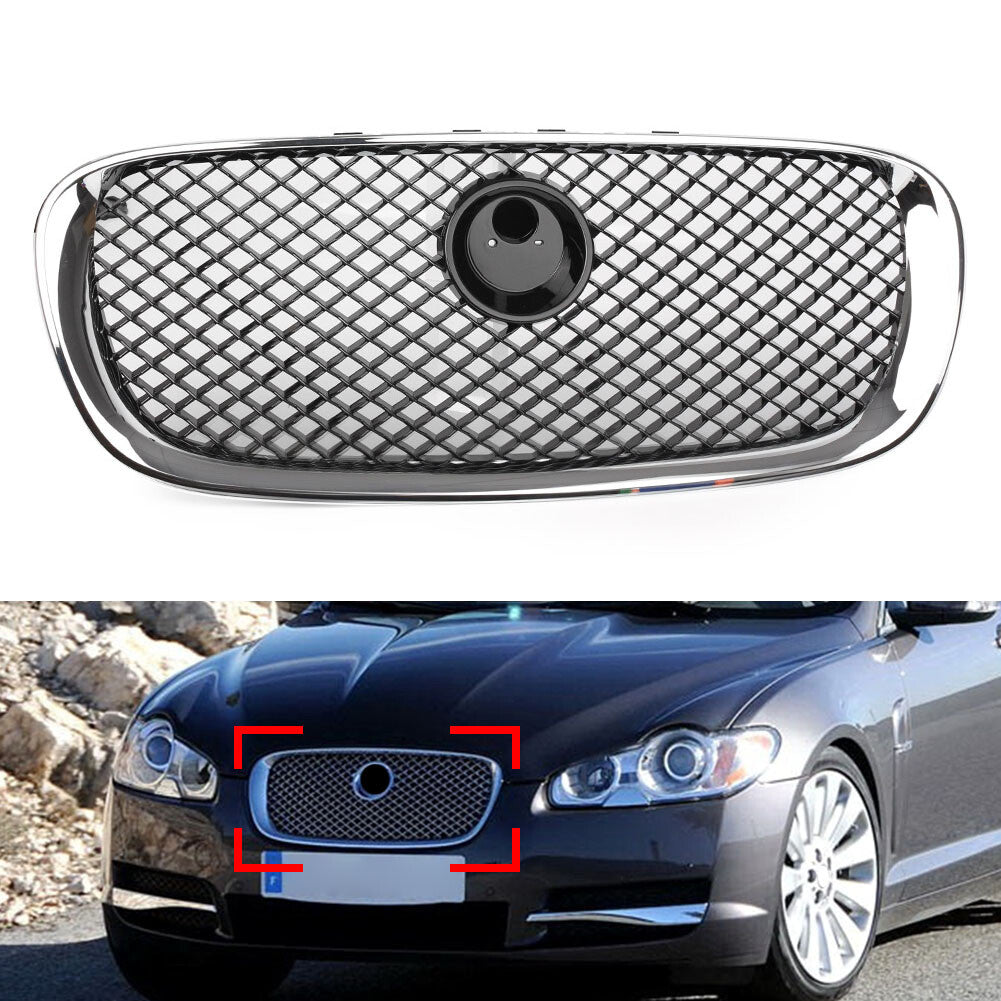 1X Car Front Bumper Grille Grill Fit for Jaguar XF 2008-2011 2009 Chrome Black Mesh