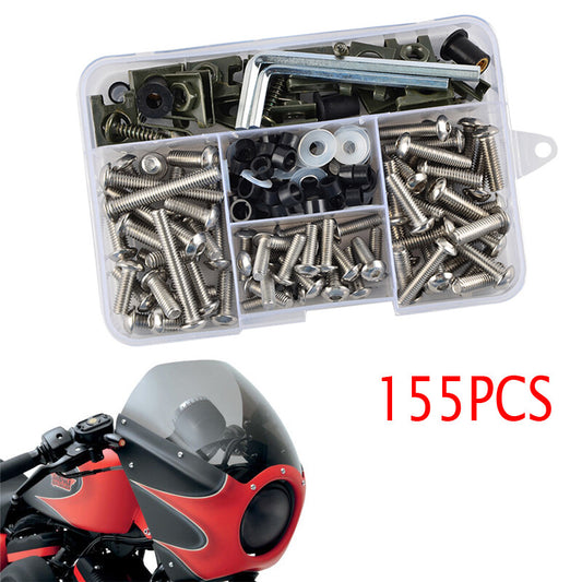 155-piece set of stainless steel threaded bolts, screws, and nuts for motorcycle casings and rectifiers.