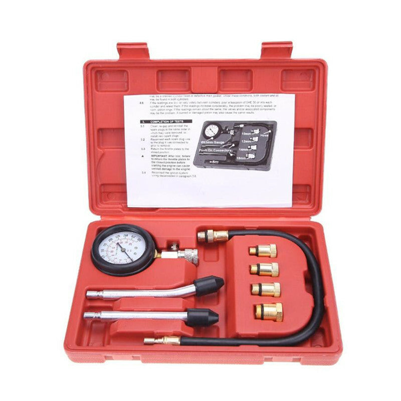 8Pc Car Compression Tester Pressure Gauge Tester Petrol Gas Engine Cylinder Tool