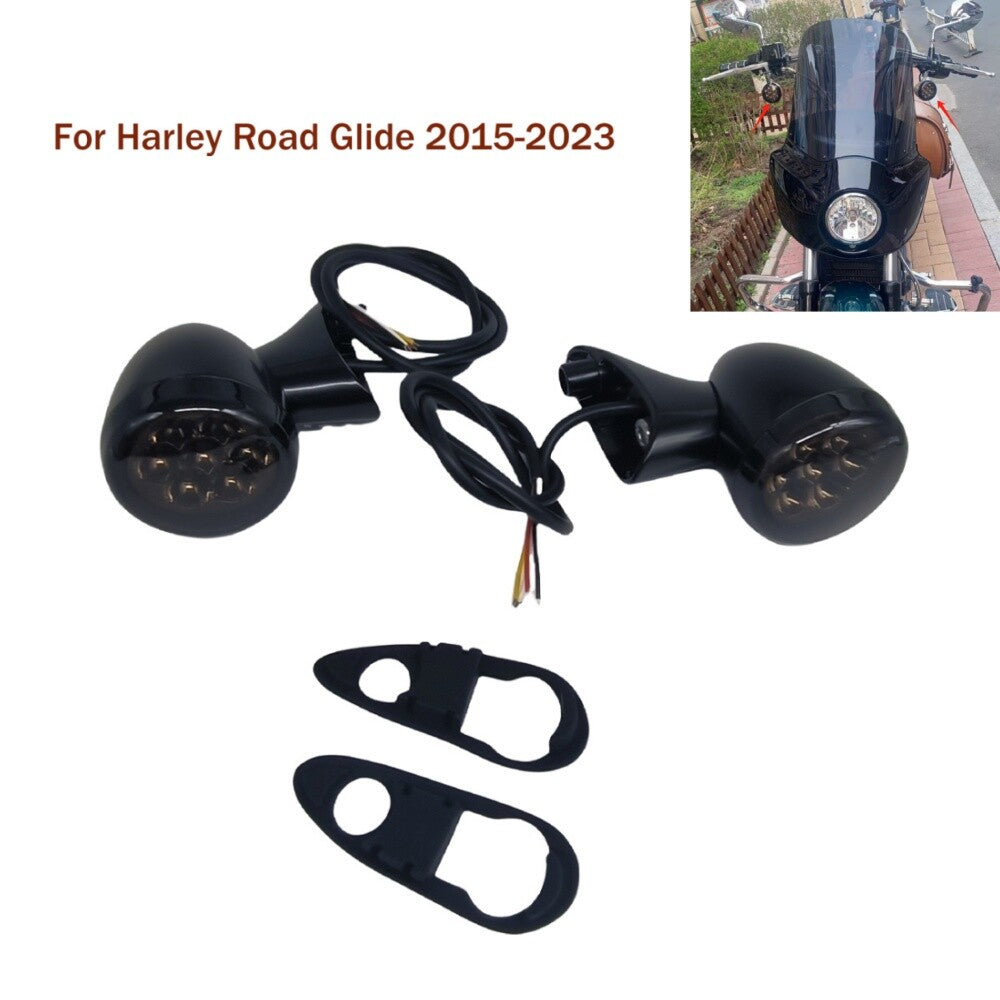 Black Front LED Turn Signals Light Bracket 4 Wires for Harley Road Glide 2015-23