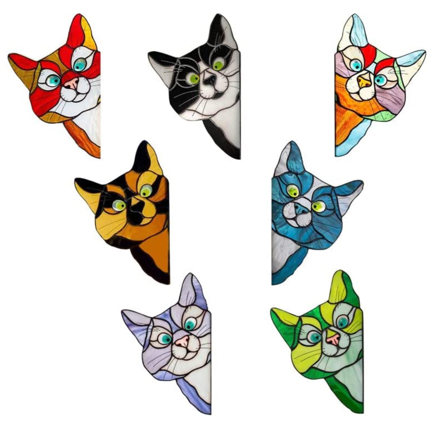 7Pcs Stained Glass Cat Face Peering Decal Sticker Car Bumper Window Door DIY