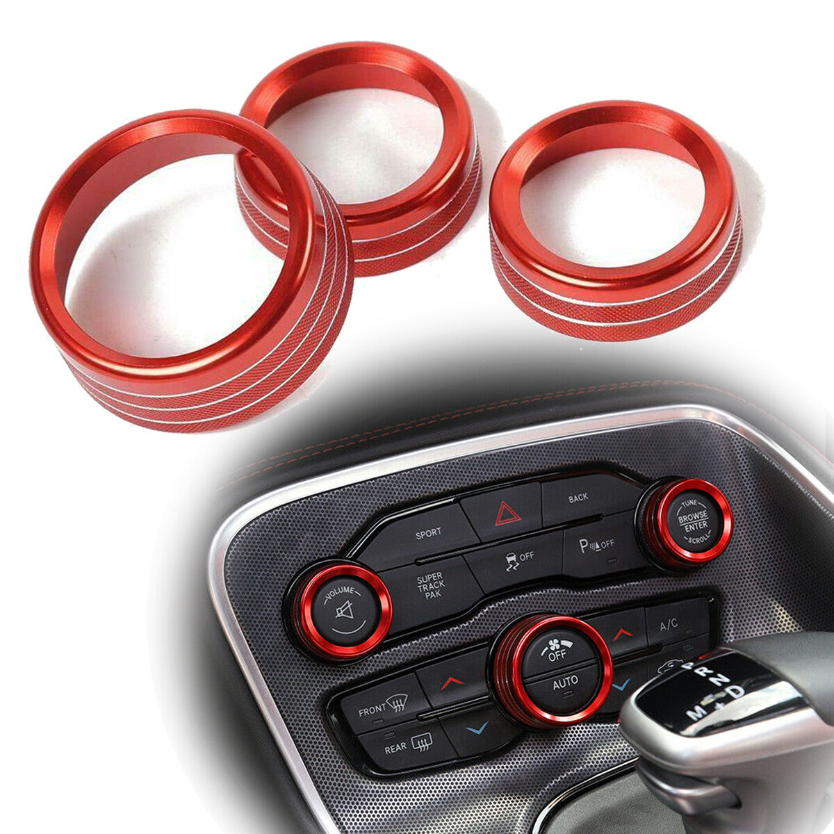 3pcs RED AC Radio Switch Trim Ring Knob Cover for Dodge for Challenger /Charger 15-20