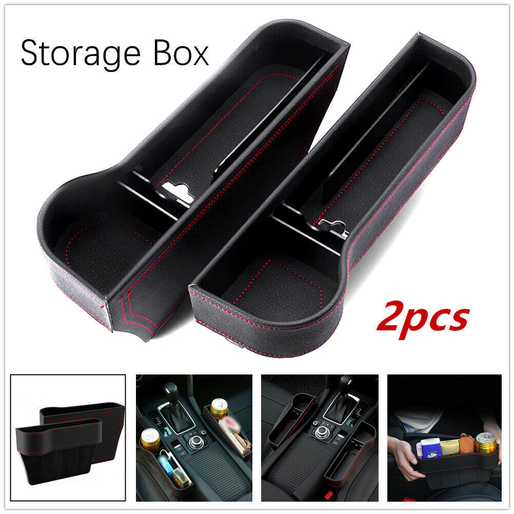 2-Piece Car for Seat Gap Storage Box, Cup Holder Organizer, PU L+R, Black Leather with Red Stitching