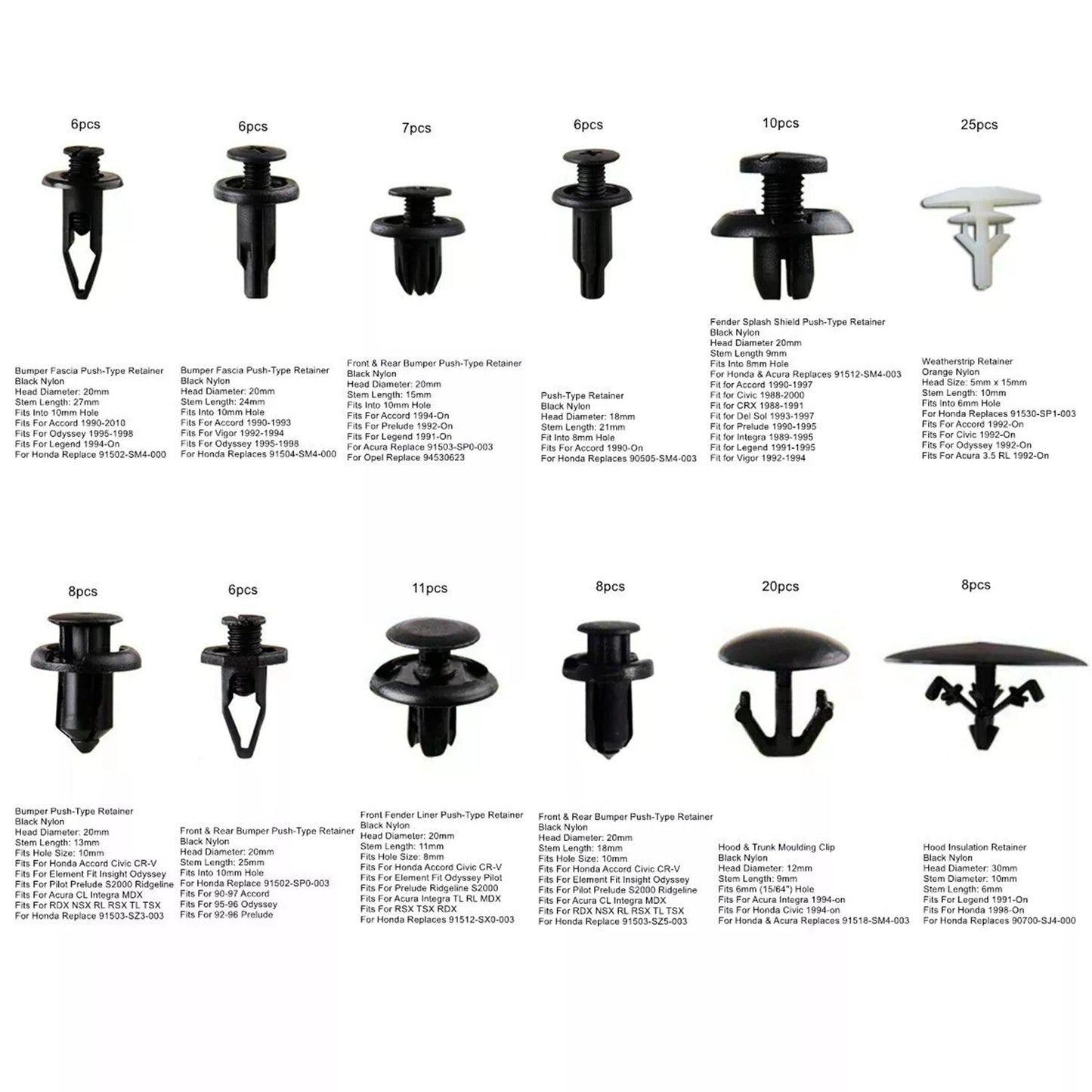 121 Fender Door Hood Bumper Trim Clip Body Retainer Assortment for Honda for Acura