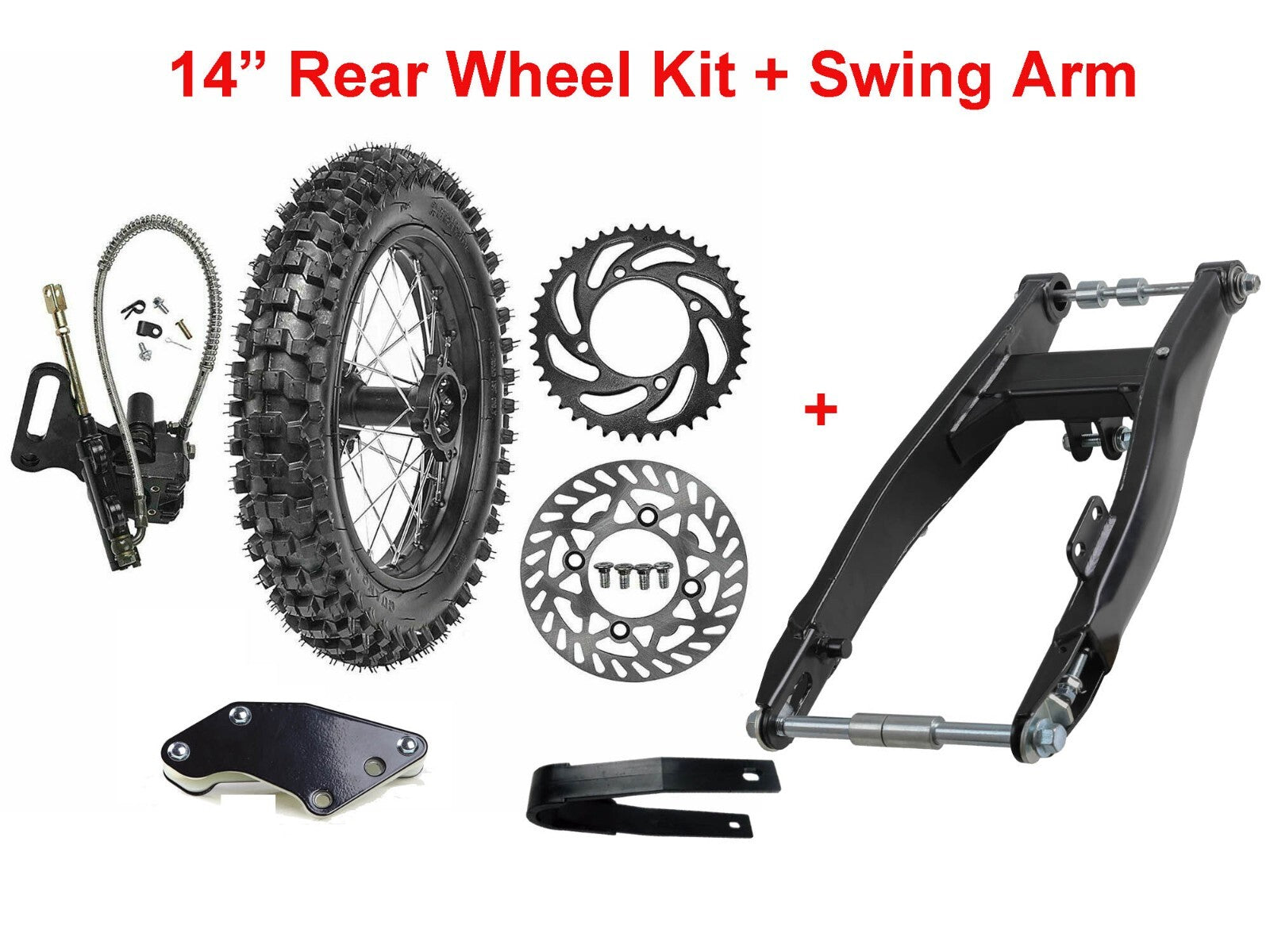 14-inch rear wheel swingarm kit, 90/100-14 tires, rims, and a Taodao Apollo 110/125cc bicycle.
