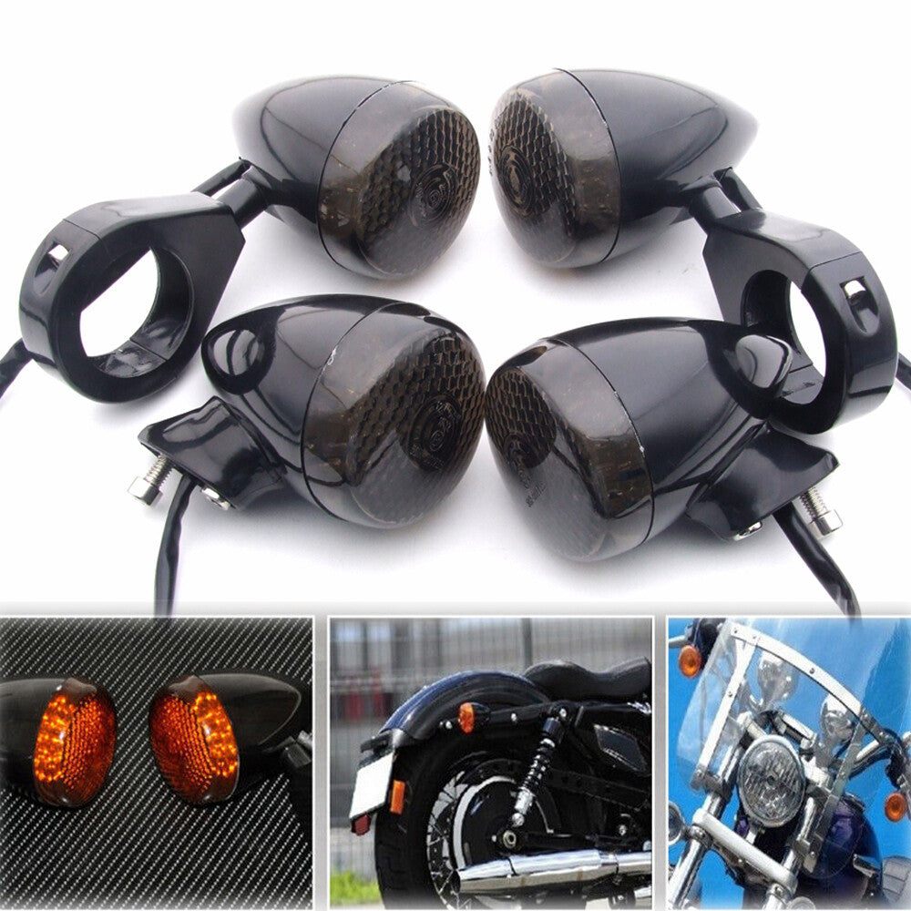 Black 4X front and rear LED turn signals for motorcycles, 39mm fork clips for Harley-Davidson .